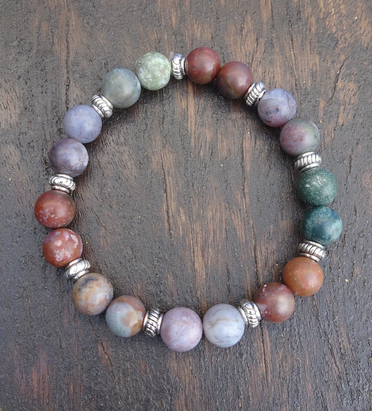 Bracelet perles naturelles 8 mm aux tons verts, mauves et marrons - BR193