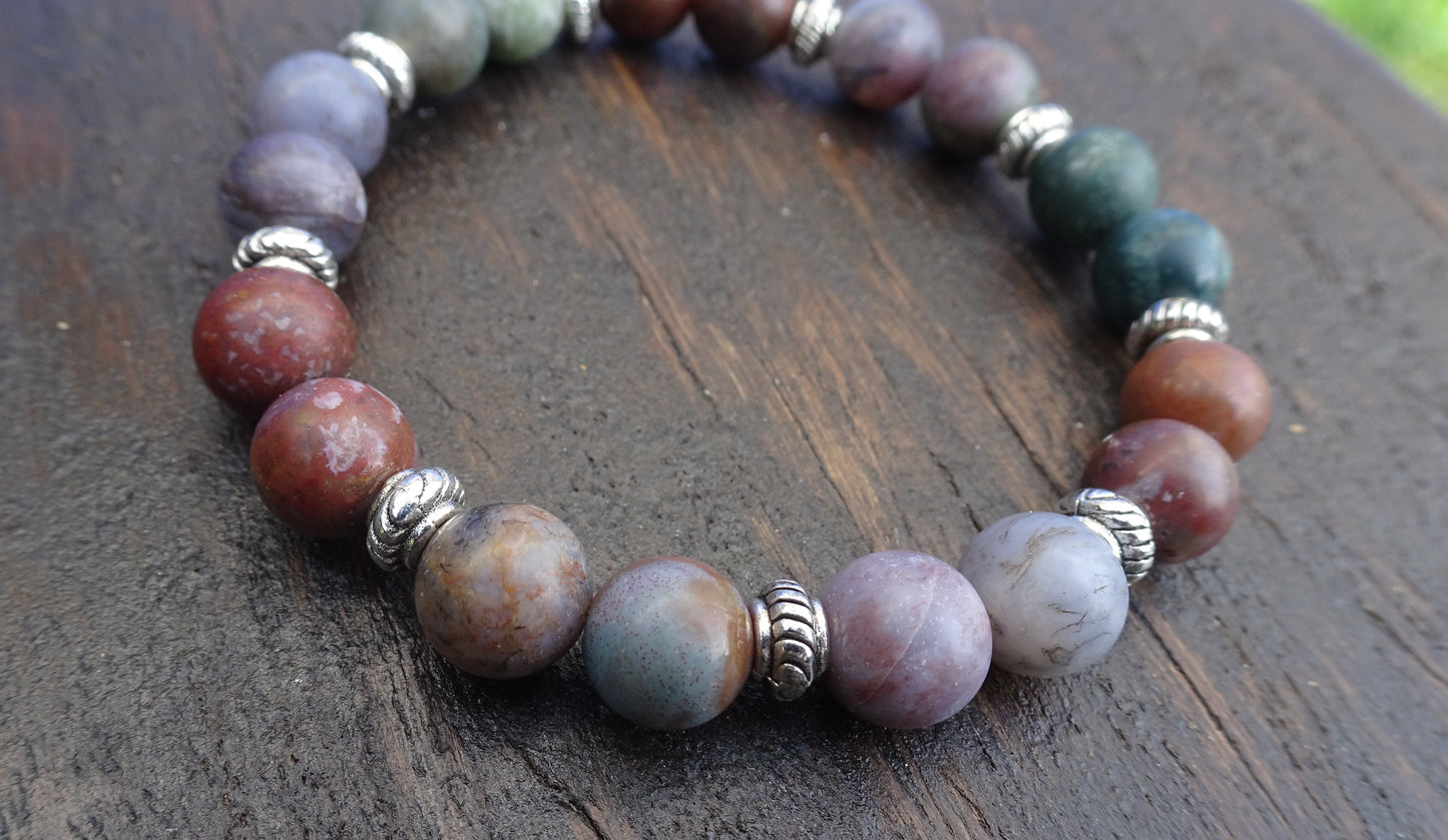 Bracelet perles naturelles 8 mm aux tons verts, mauves et marrons - BR193