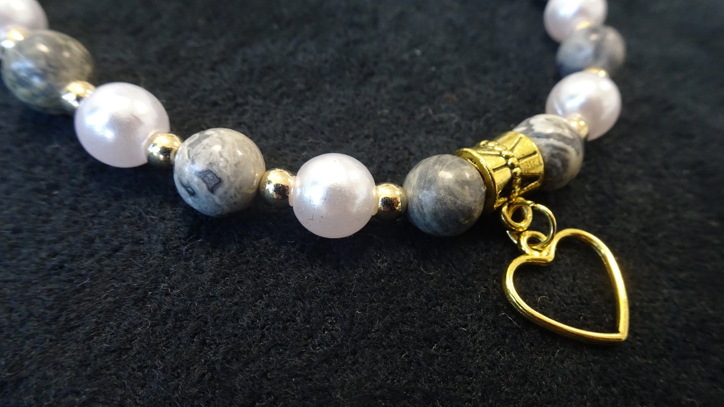 Parure 3 pièces en perles fantaisie grises et blanches - PA021/3