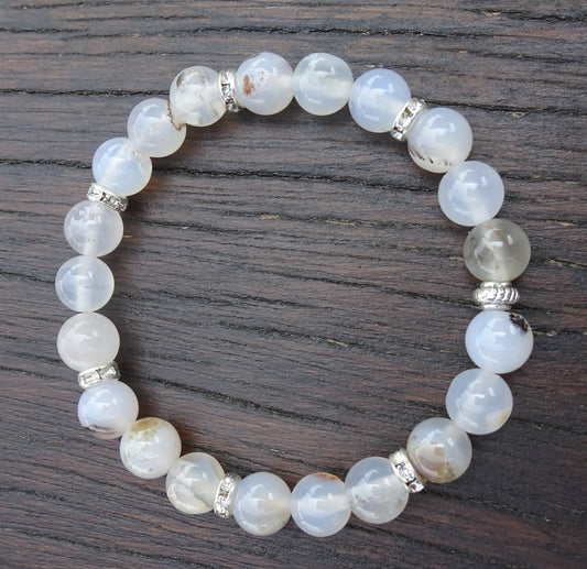 Bracelet perles naturelles 8mm blanc translucide  - BR139