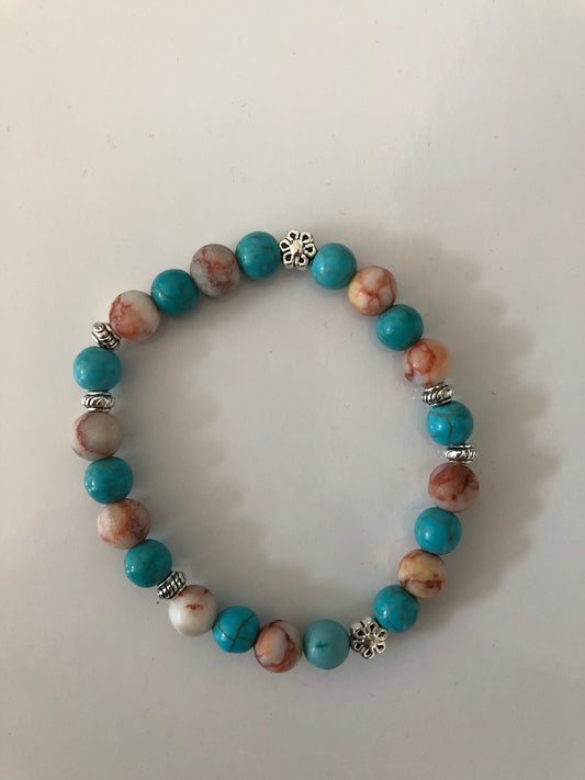Bracelet perles naturelles 8 mm bleu turquoise et corail mat - BR161*