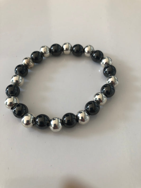 Bracelet perles naturelles 8 mm hématites et argentées  - BR163*