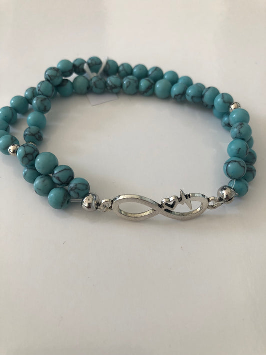 Bracelet double perles naturelles 6 mm bleu turquoise- BR175/A*