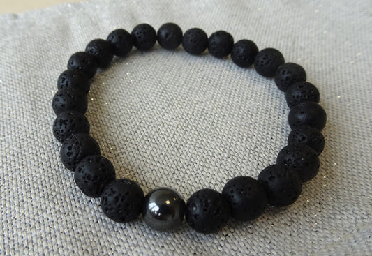 Bracelet homme perles en pierre de lave et une perle hématite - BR035