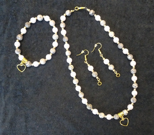Parure 3 pièces en perles fantaisie grises et blanches - PA021/3